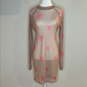 Sheer Taupe Mesh Dress with Pink Playboy Logos